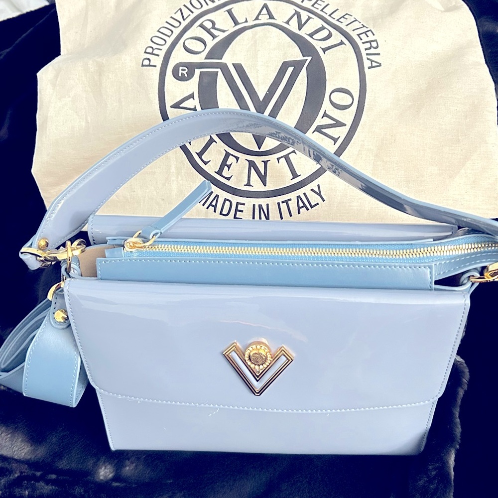 *New* sky blue Patton Leather Orlandi Valentino crossbody/satchel/strap